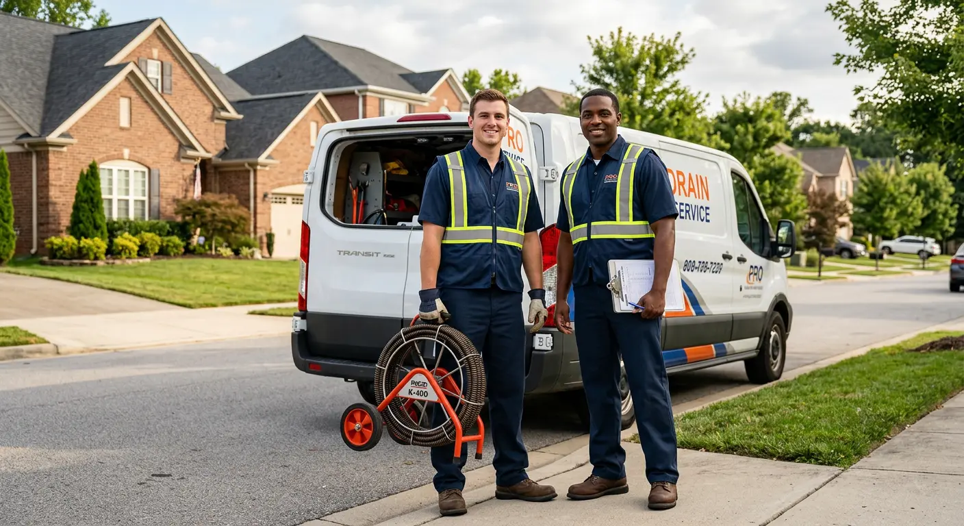 Sewer and drain service team with equipment ready for work in Vermilion
