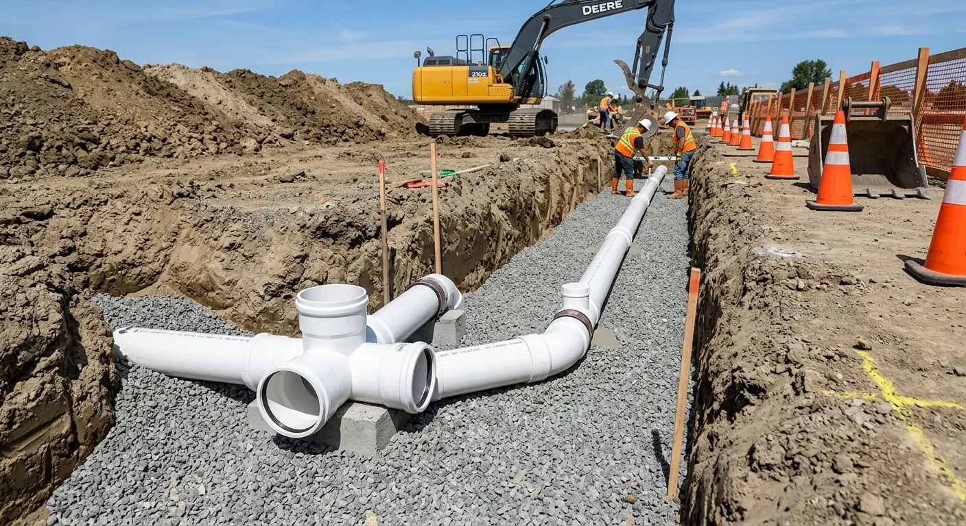 New PVC sewer pipe installation in open trench for Sewer Backup in Vermilion